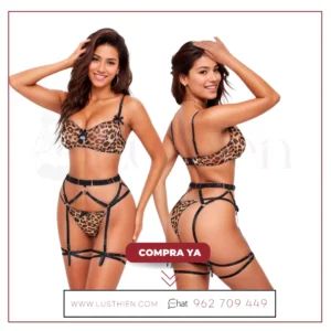 Helena Set de Sujetador, Tanga, Liguero y Liga - Sensualidad y Atrevimiento Animal Print