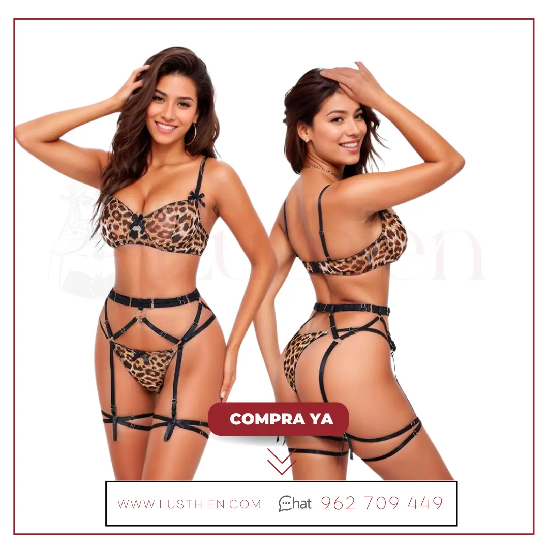 Helena Set de Sujetador, Tanga, Liguero y Liga - Sensualidad y Atrevimiento Animal Print