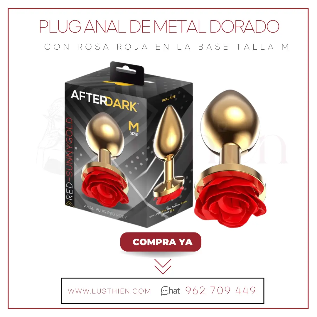 Plug Anal de Metal Dorado con Rosa Roja en la Base Talla M