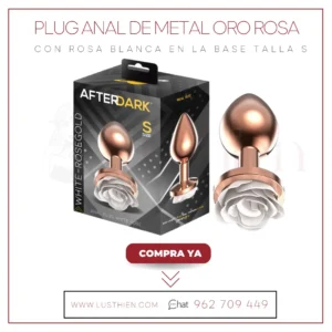 Plug Anal de Metal Oro Rosa con Rosa Blanca en la Base Talla S