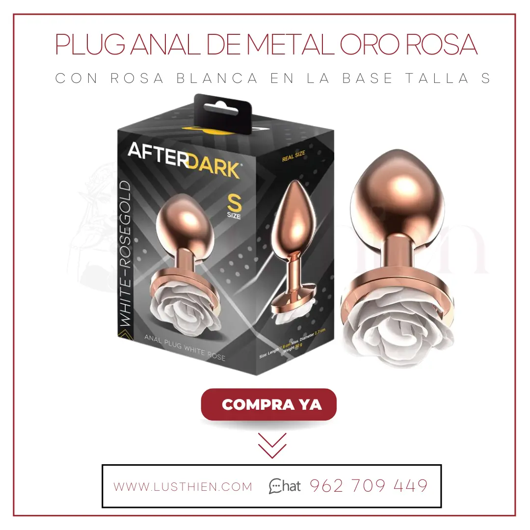 Plug Anal de Metal Oro Rosa con Rosa Blanca en la Base Talla S