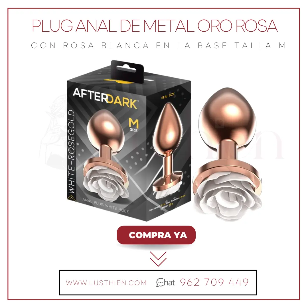 Plug Anal de Metal Oro Rosa con Rosa Blanca en la Base Talla M