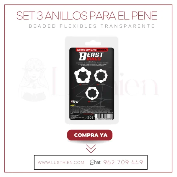 Set 3 Anillos para el Pene Beaded Flexibles Transparente - Beast Rings