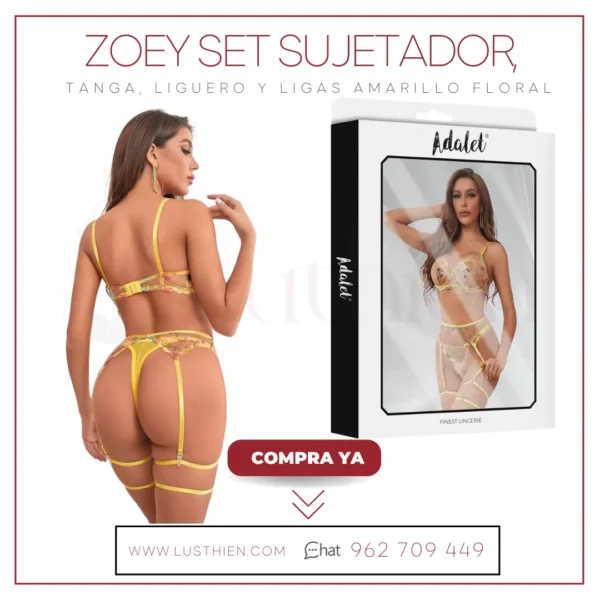 Zoey Set Sujetador, Tanga, Liguero y Ligas Amarillo Floral - Imagen 2