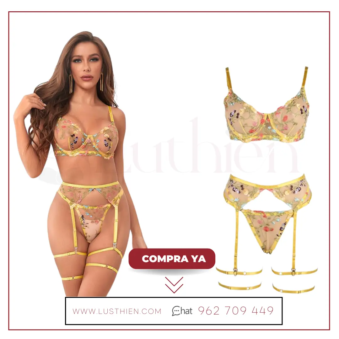 Zoey Set Sujetador, Tanga, Liguero y Ligas Amarillo Floral